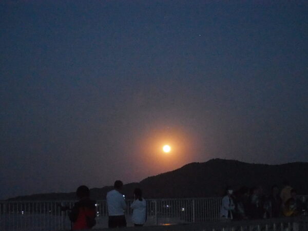 Nighttime scene with a bright moon or lamp in the dark sky, several people leaning on a railing along a hillside overlook.