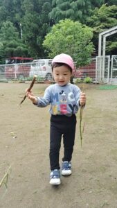 Young child wearing a pink cap and gray Mickey Mouse shirt holds two long sticks outdoors in a park-like area with a fence and trees behind him.