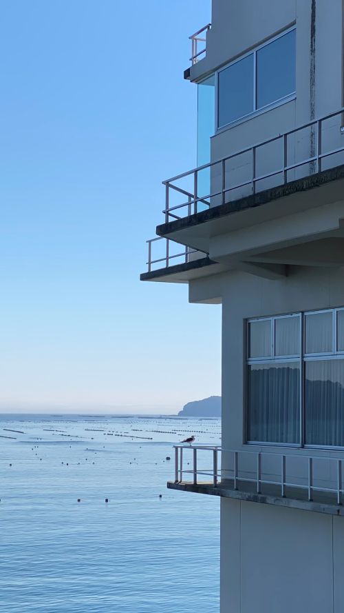 Corner of a multi-story seaside apartment building with glass balconies overlooking calm blue water and a distant headland on the horizon.